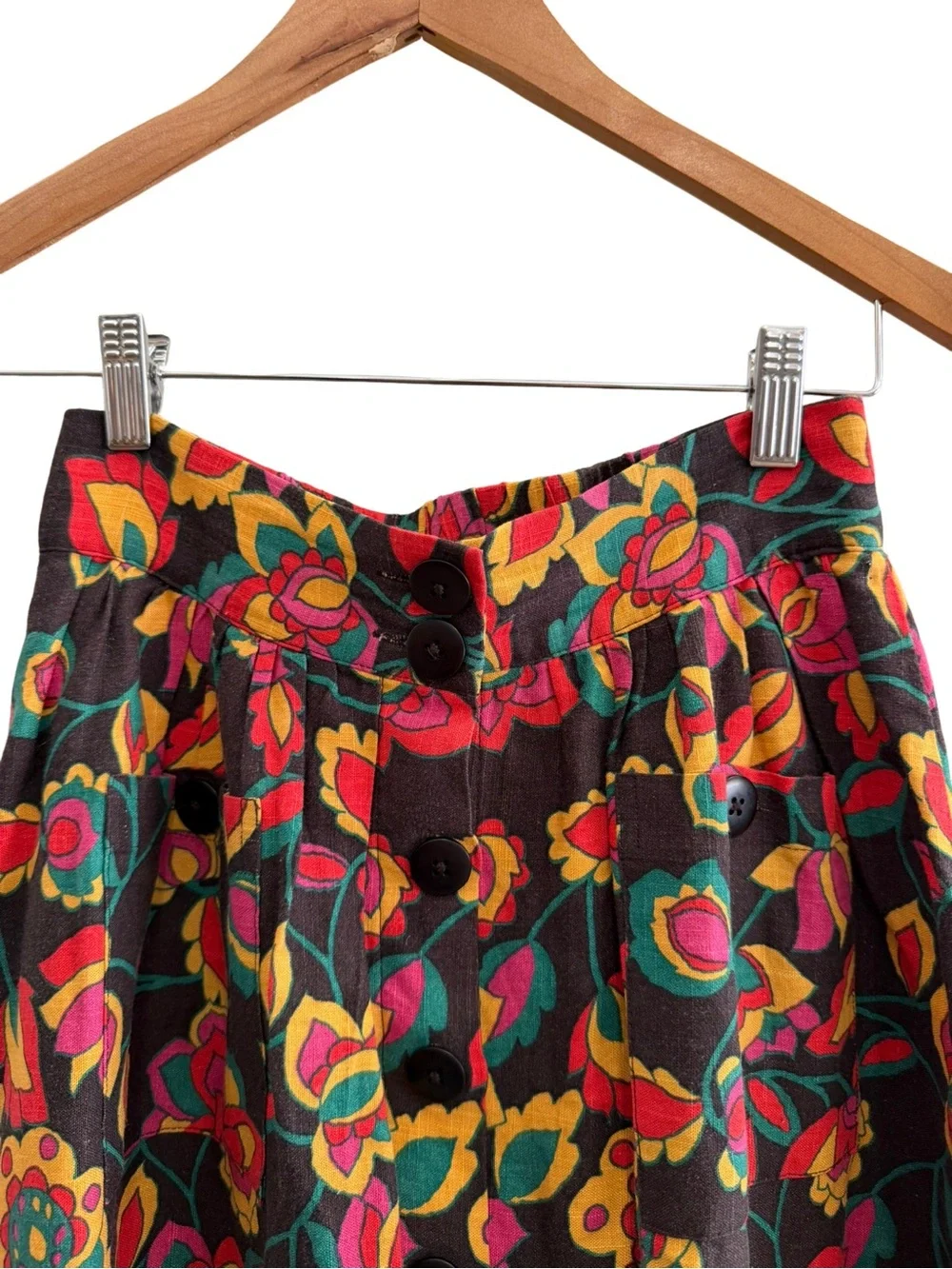 ModCloth Floral A-Line Skirt Black Multicolor Rayon Linen Size XS